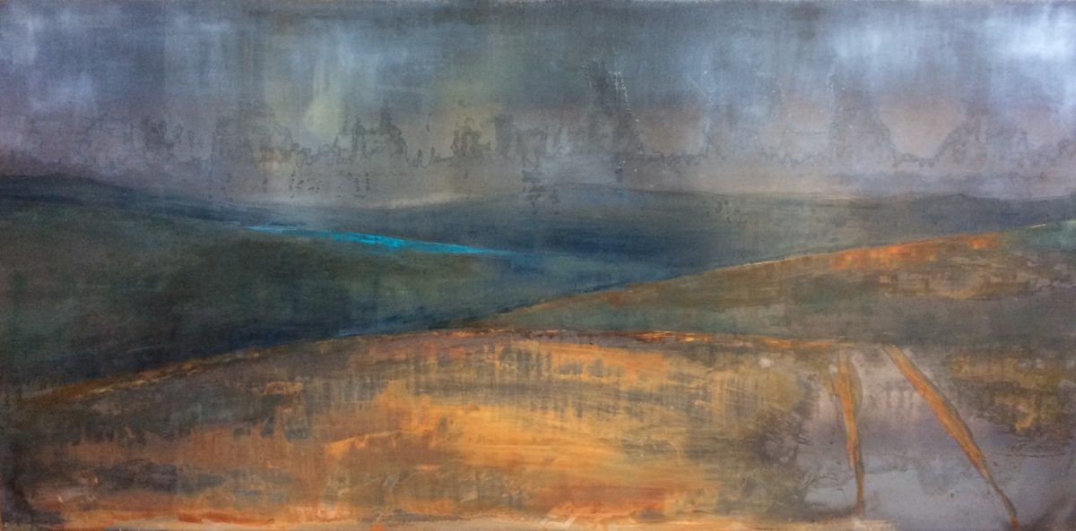 Gloomy Sky Palace. Oil and Patina on Steel. 1m/2m. 2018. Landscape painting Contemporary oil landscape painting